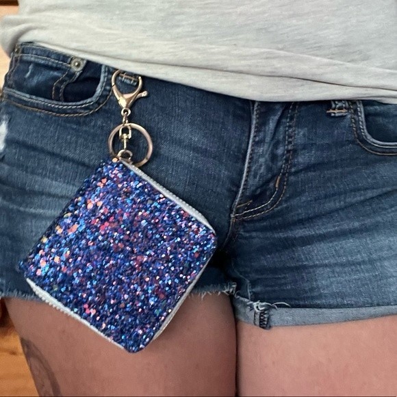 Mini Glitter Keychain Wallet Clip On Iridescent Card Holder Sparkly Small Zipper - Picture 3 of 17